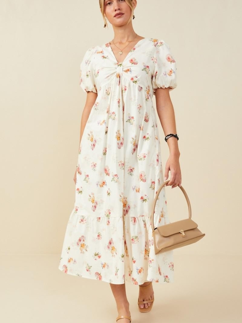 Hayden Cream Floral Midi Dress with Puff Sleeves